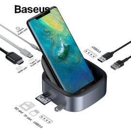Baseus USB Type C Docking Hub 8-in-1 Mobile Phone Holder Expanded socket 49W, 4K HDMI, 3x USB 3.0, SD, MicroSD, 3.5mm - CAHUB-S0G