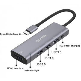 Onten 95123 5 in 1 Multifunctional USB-C To HDMI+3 USB3.0 Docking Station
