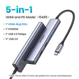 UGREEN 5-in-1 USB-C Hub with 4K HDMI, 100W Power Delivery, 3 USB-A Data Ports, USB C Hub Multiport Hub