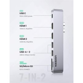 UGREEN 80548 Input, 2 x USB-C. Output, 1 x Thunderbolt 3, 2 x HDMI, 2 x USB 3.0, 1 x TF Card Slot, 1 x SD Card Slot. Dimension, 143.4mm x 29mm x 8.9mm.